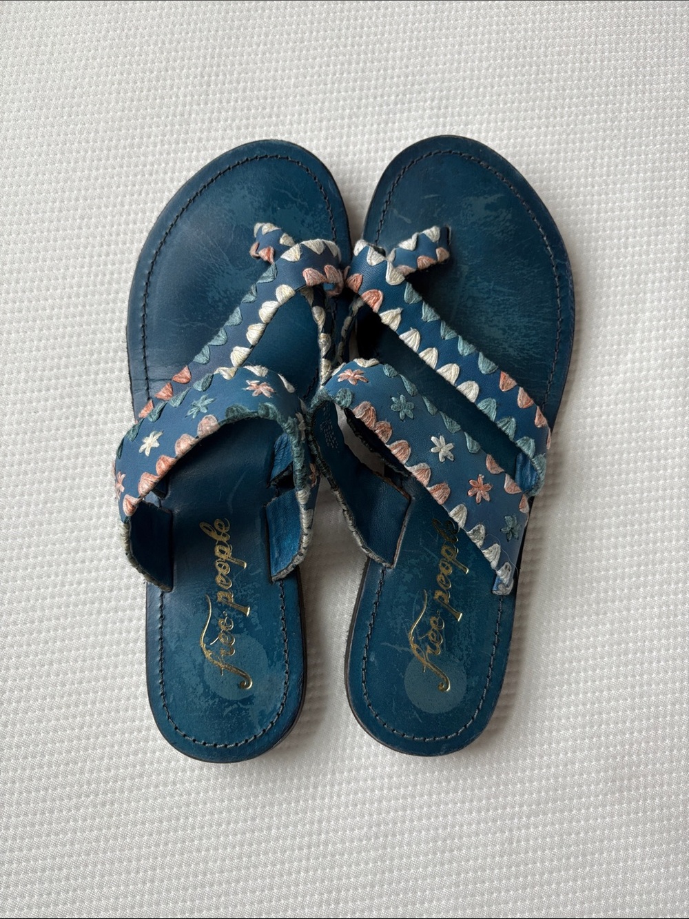 Free People Teal Embroidered Floral Toe-Post Sandals
